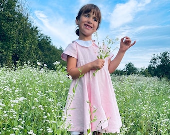 Baby Girl Linen Dress with Peter Pan Collar & Buttons – Toddler Christmas Party Outfit, Cute Flower Girl Dress, Timeless Holiday Style