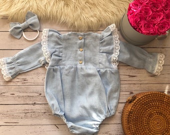 Linnen romper voor babymeisje | Schattig biologisch rompertje met ruches voor spelen en speciale gelegenheden | Zachte en comfortabele babyromper met ruches