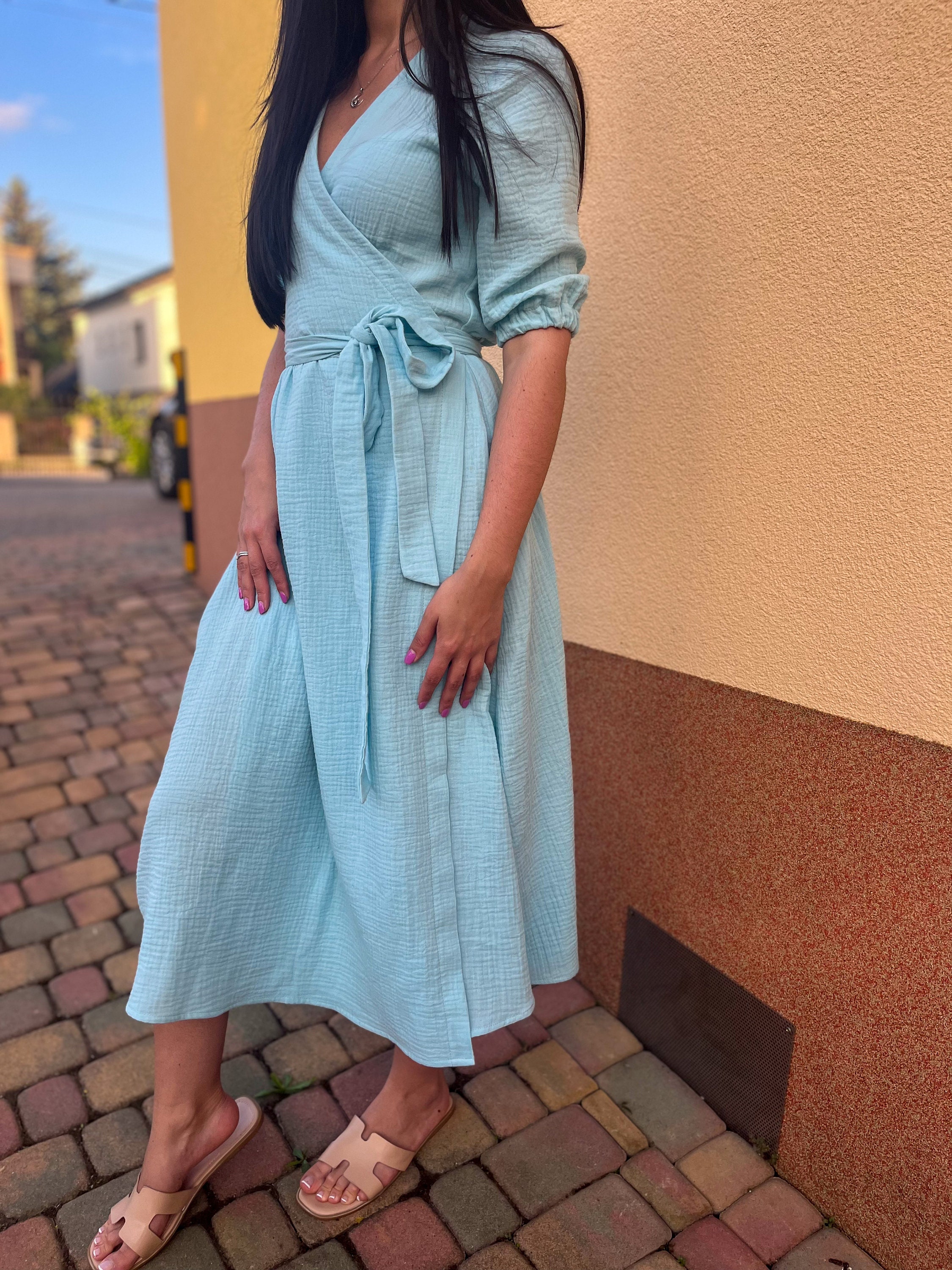100% Cotton Summer Wrap Dress for Women | Organic Muslin Midi Sun Dress | Wedding Guest Cocktail Beach Party & Formal Wear