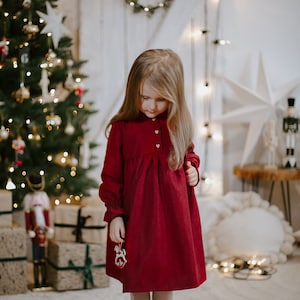 Red Velvet Holiday Plaid Baby Dress | 1st Christmas Solid Outfit for Toddlers & Infants | Warm Tartan Xmas Winter Party Dress for Girls
