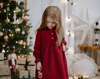 Red Velvet Holiday Plaid Baby Dress | 1st Christmas Solid Outfit for Toddlers & Infants | Warm Tartan Xmas Winter Party Dress for Girls