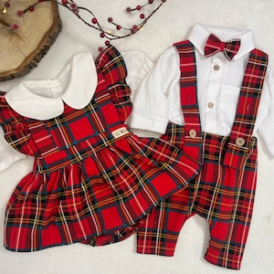 Vestido de bebé con pechera navideña / Traje festivo a cuadros y pantalones con tirantes festivos con camisa con pajarita para niños / Fotos de atuendos para niños pequeños