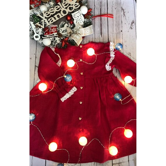Baby Christmas Linen Dress | Kids Red Holiday Outfit | Ruffled Pinafore with Buttons | Festive Baptism & Wedding Dress with Frills Baby Christmas Linen Dress | Kids Red Holiday Outfit | Ruffled Pinafore with Buttons | Festive Baptism & Wedding Dress with Frills