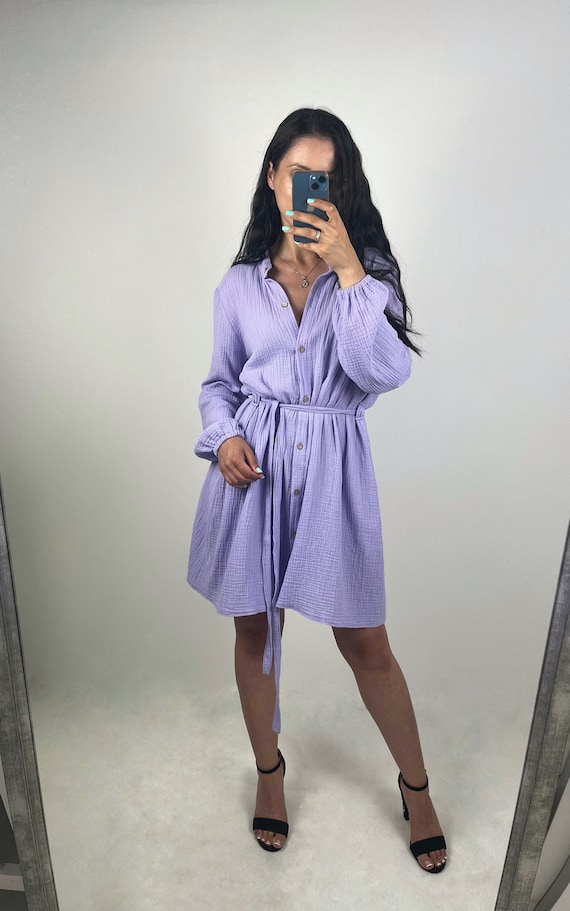 muslin shirt dress Lightweight Cotton Muslin Shirt Dress, Women's Long Sleeve Belted Button Dress, Breathable Casual Chic & Special Occasion Outfit