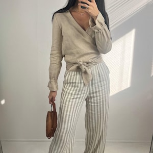 Boho Leinen Wickel-Kimono-Oberteil für Frauen - Elegantes Langarm-Shirt Lässige Schwangerschafts-Bluse