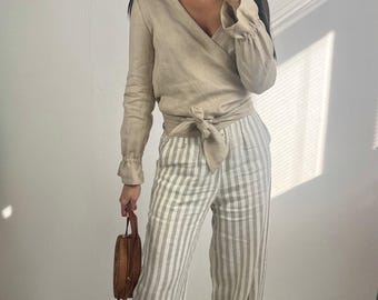 Boho Linen Wrap-Around Kimono Top for Women – Elegant Long Sleeve Shirt Casual Maternity & Nursing-Friendly Pregnancy Blouse Top