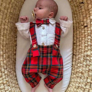 Christmas Bow Tie Shirt for Baby Boy,Checked Tartan Bodysuit for Toddler Boy,Festive Christmas Holiday Baby Romper and Pants for Xmas Photo