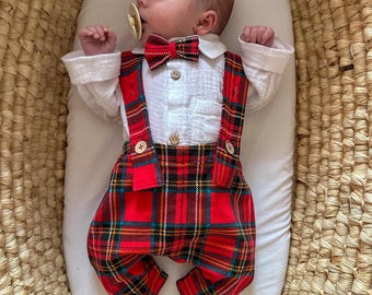 Christmas Bow Tie Shirt for Baby Boy,Checked Tartan Bodysuit for Toddler Boy,Festive Christmas Holiday Baby Romper and Pants for Xmas Photo