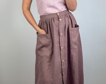 Linen Midi Skirt with Buttons & Pockets | Handmade Gathered Skirt for Women | Elastic Waist Boho Skirt | 24 Linen Colors