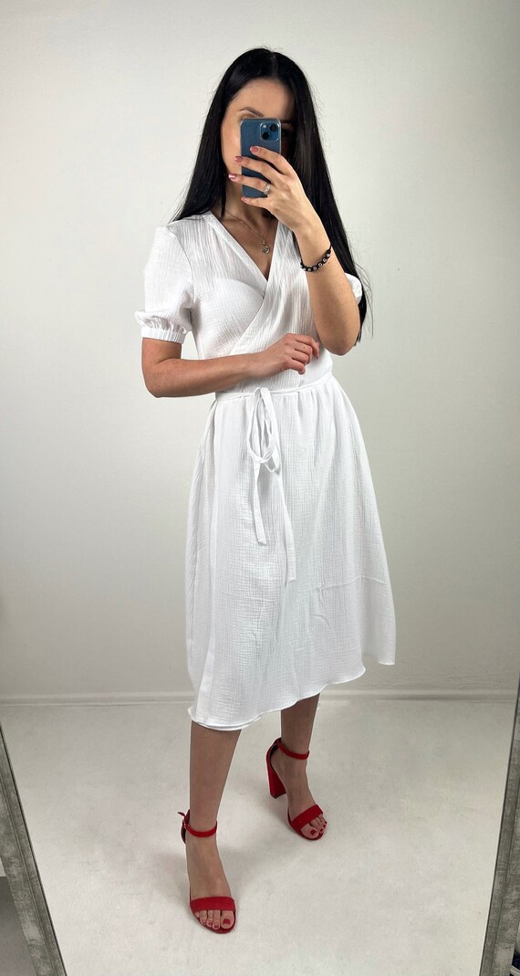 100% Cotton Summer Wrap Dress for Women | Organic Muslin Midi Sun Dress | Wedding Guest Cocktail Beach Party & Formal Wear