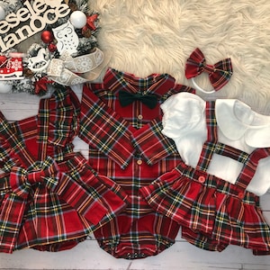 Christmas Pinafore Baby Dress Tartan Festive,Family Picture Christmas Dress Skirt and Shirt,Christmas Kids Outfit,Xmas Baby Romper Body Suit