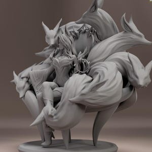 May include: A grey 3D-printed figurine of a woman seated amidst nine fox tails. The woman wears a detailed bodice and holds a crown. The fox tails form a throne-like structure, with fox heads surrounding the figure.