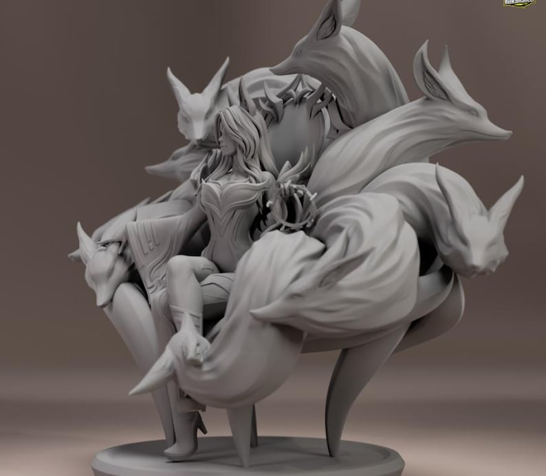 May include: A grey 3D-printed figurine of a woman seated amidst nine fox tails. The woman wears a detailed bodice and holds a crown. The fox tails form a throne-like structure, with fox heads surrounding the figure.
