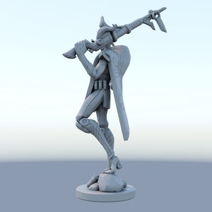 May include: A gray figurine of a character in a dynamic pose, holding a rifle-like weapon. The figure is detailed with armor-like elements and stands on a small, round base. The background is a gradient of light blue.