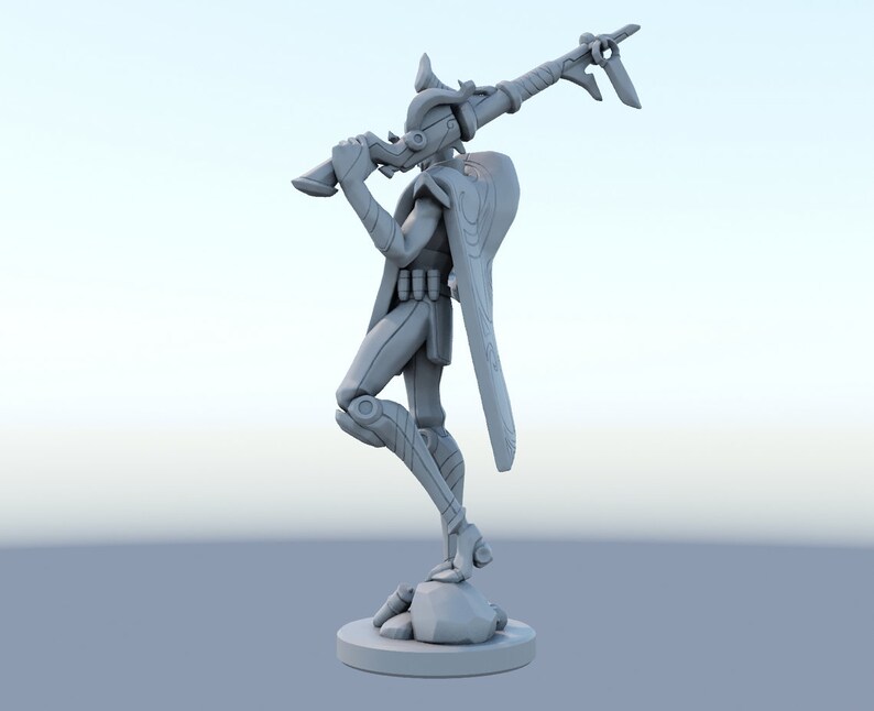 May include: A gray figurine of a character in a dynamic pose, holding a rifle-like weapon. The figure is detailed with armor-like elements and stands on a small, round base. The background is a gradient of light blue.