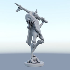 May include: A gray 3D-printed figurine of a character in a dynamic pose. The figure is holding a weapon and shield, with intricate details on the armor and design. The figurine is standing on a circular base.