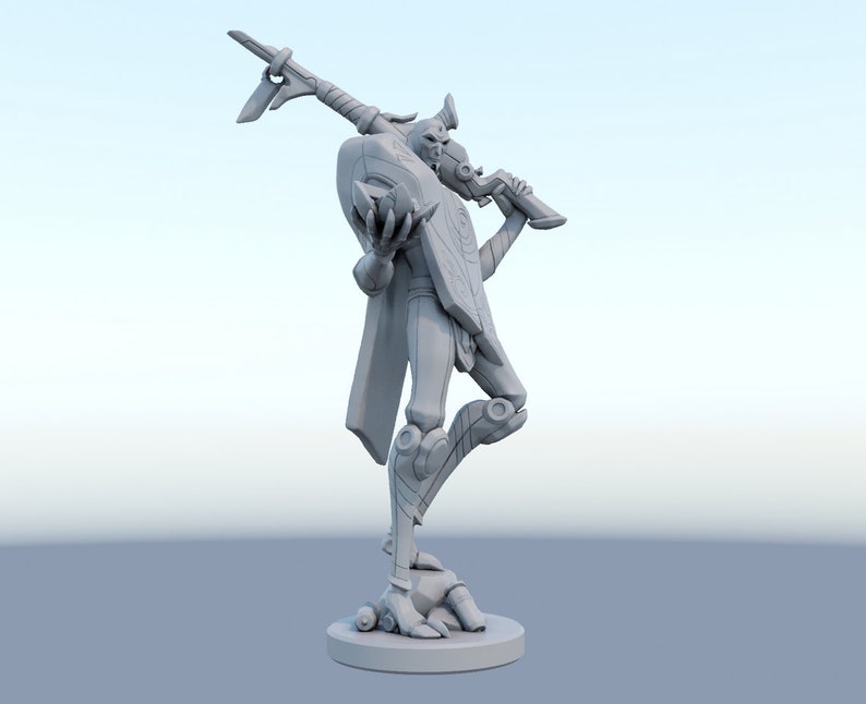 May include: A gray 3D-printed figurine of a character in a dynamic pose. The figure is holding a weapon and shield, with intricate details on the armor and design. The figurine is standing on a circular base.