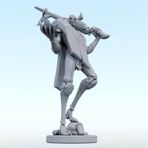 May include: A gray 3D-printed figurine of a humanoid character with a futuristic design. The figure is holding a weapon and shield, with intricate details on the armor and a dynamic pose. The base is a simple rectangular shape.