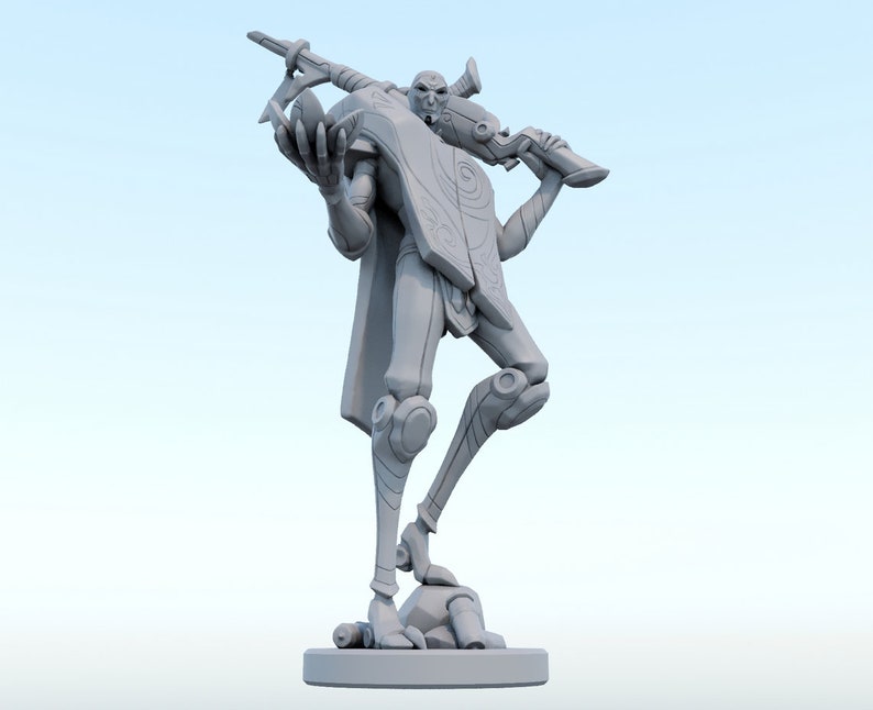 May include: A gray 3D-printed figurine of a humanoid character with a futuristic design. The figure is holding a weapon and shield, with intricate details on the armor and a dynamic pose. The base is a simple rectangular shape.