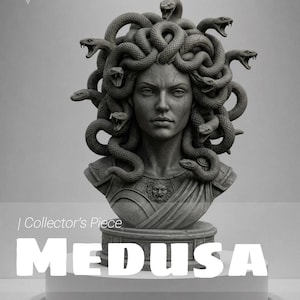 Może przedstawiać: Ręcznie wykonana i ręcznie malowana statua Meduzy, element kolekcjonerski. Popiersie przedstawia Meduzę z wężami zamiast włosów. Statua jest szara i stoi na białym cokole. Wyświetlany jest tekst „MEDUSA”.