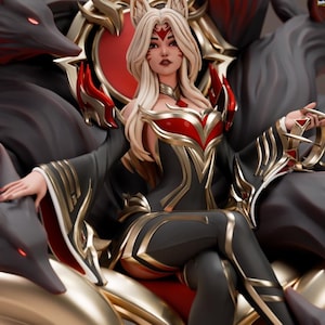 May include: A detailed figurine of a woman with long blonde hair and fox ears, wearing a black and red outfit with gold accents. She is seated on a throne surrounded by dark grey wolf figures with red eyes. The figurine has intricate details.