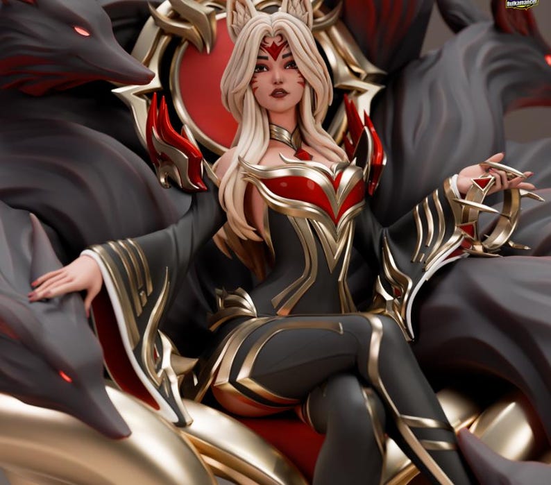 May include: A detailed figurine of a woman with long blonde hair and fox ears, wearing a black and red outfit with gold accents. She is seated on a throne surrounded by dark grey wolf figures with red eyes. The figurine has intricate details.