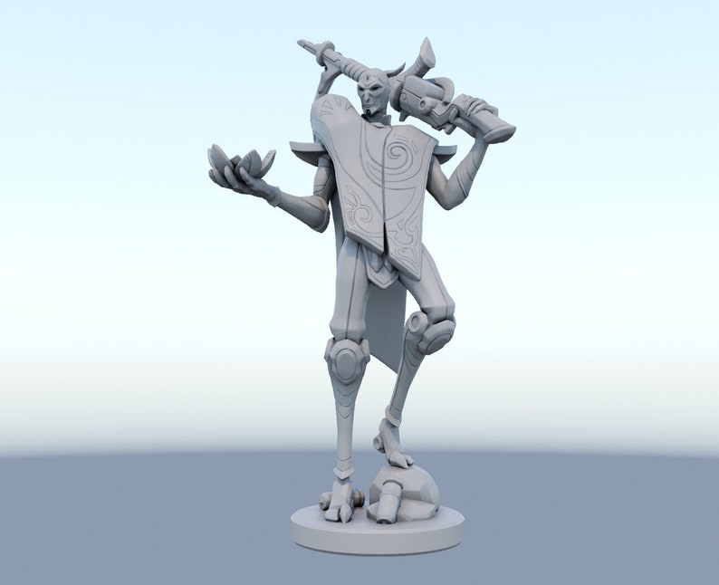 May include: A gray 3D-printed figurine of a humanoid character with horns, holding a lotus flower in one hand and a futuristic weapon in the other. The figure has detailed armor and stands on a circular base. The overall design suggests a fantasy or science fiction theme.