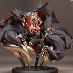 May include: A detailed figurine of a woman seated on a golden throne, surrounded by nine dark grey fox tails. The woman wears a black and red outfit with gold accents. Her long blonde hair contrasts with the dark background.