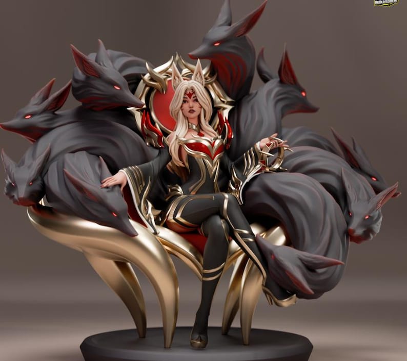May include: A detailed figurine of a woman seated on a golden throne, surrounded by nine dark grey fox tails. The woman wears a black and red outfit with gold accents. Her long blonde hair contrasts with the dark background.