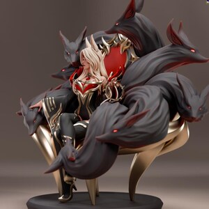 May include: A detailed figurine of a woman with long blonde hair, wearing a black and red outfit, seated on a throne. The throne is supported by golden legs and surrounded by nine dark grey fox tails with red eyes.