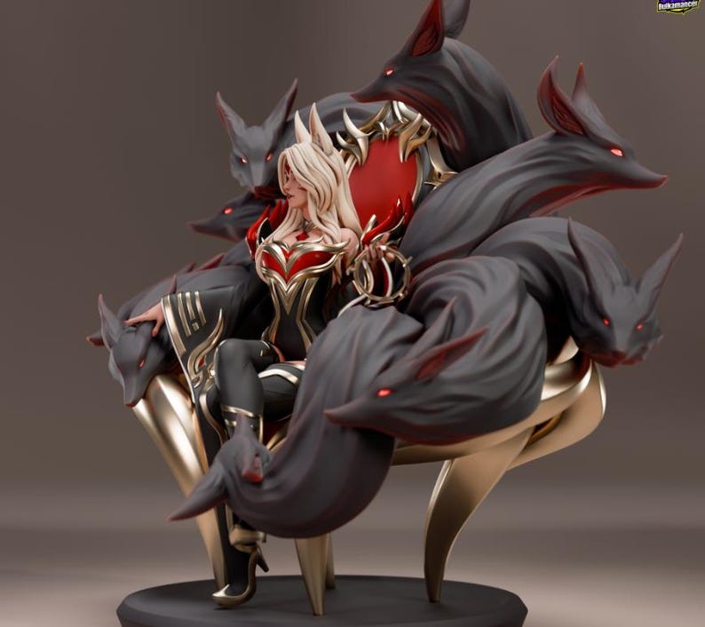 May include: A detailed figurine of a woman with long blonde hair, wearing a black and red outfit, seated on a throne. The throne is supported by golden legs and surrounded by nine dark grey fox tails with red eyes.