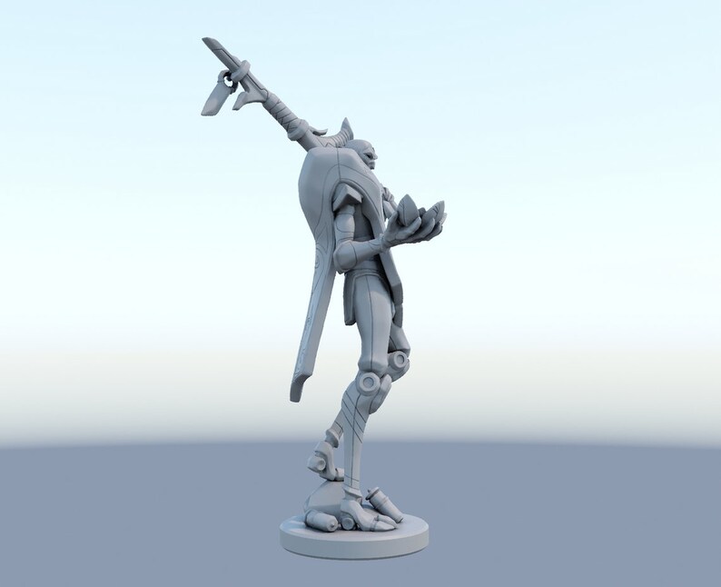 May include: A gray, futuristic figurine of a humanoid figure with an elongated arm holding a weapon. The figure is standing on a circular base and holding a crystal-like object in its other hand. The design has a mechanical aesthetic.