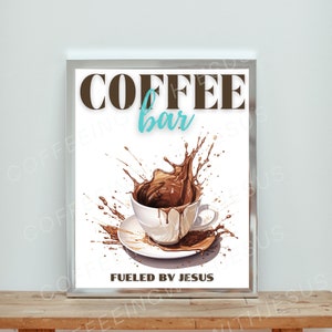 Christelijke koffiebar muurkunst - aangedreven door Jezus afdrukbaar decor - Coffee Splash-kunstwerk voor thuis of op kantoor - Digitaal downloadbord