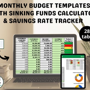 Monthly budget templates with sinking funds calculator & savings rate tracker