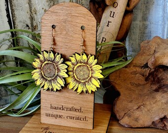Hand-Painted Sunflower Wood Earrings: Lightweight Laser Engraved
