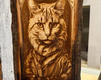 Live Edge Wood Wall -  Sophisticated Cat - Laser Engraved Wood Wall Art - Decor –