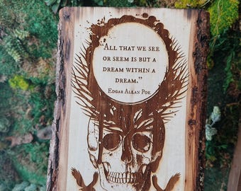 Live Edge Wood Wall Art – Engraved Edgar Allan Poe Quote – “ Dream Within a Dream ” – Gothic Rustic Decor – Laser Burned – Rustic Gift