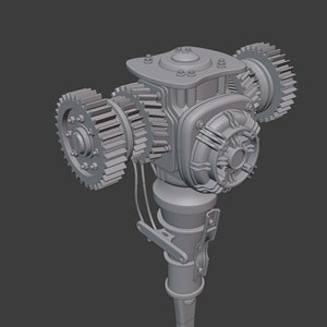 Może przedstawiać: Szczeg&oacute;łowy model 3D szarego, metalowego mechanizmu zębatego w stylu steampunk z centralnym wentylatorem i wieloma kołami zębatymi.