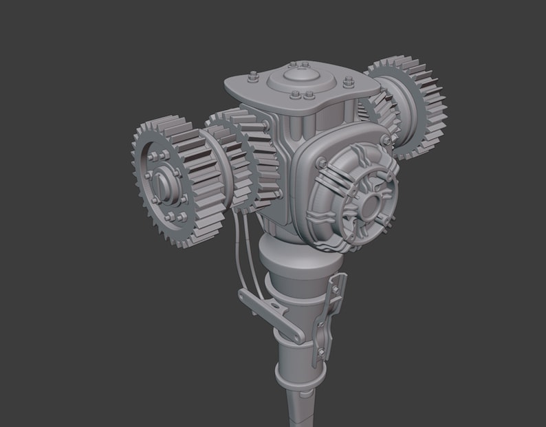 Może przedstawiać: Szczeg&oacute;łowy model 3D szarego, metalowego mechanizmu zębatego w stylu steampunk z centralnym wentylatorem i wieloma kołami zębatymi.