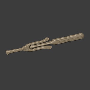 May include: A brown metal sword with a unique design featuring a double-pronged blade and a curved handle.