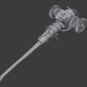 Może przedstawiać: Szary, tr&oacute;jwymiarowy model drukarki 3D mechanicznego ramienia z długim, cienkim wałem i złożonym układem przekładni na końcu.