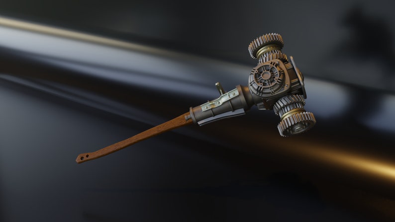 Może przedstawiać: Młot w stylu steampunk z drewnianym trzonkiem i metalową głowicą z kołami zębatymi.