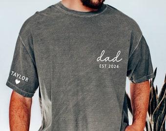 Personalized Dad Est Year T-shirt, Custom Children Names on Sleeve Shirt, Dada Est 2023 2024, Father's Day Gift, New Papa, Comfort Colors