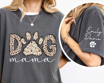 Comfort Colors® Dog Mom Shirt | Personalized Dog Names Sleeve Tee | Leopard Paw Print Dog Mama Shirt | Custom Pet Lover Gift