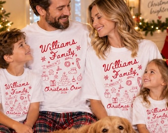 Custom Comfort Colors Family Christmas Shirt Matching Holiday Doodle Xmas Tee Personalized Name Christmas Tshirt Christmas Crew Youth