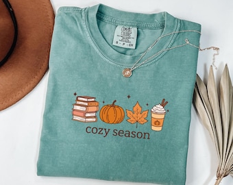 Cozy Season Comfort Colors® Shirt | Book Lover Fall Tee | Pumpkin Coffee Shirt | Autumn Graphic Tee | Cute Fall Gift for Women