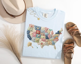 Comfort Colors® USA Patchwork Map Shirt | 4th of July Patriotic Tee | Vintage Faux Quilted American Flag Shirt | USA 250 Anniversary Gift