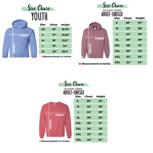 May include: Size chart for Gildan 18000 youth and adult-unisex hoodies and sweatshirts. The chart shows the chest and height measurements in inches for each size, from XS to 5XL.