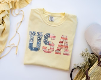 Comfort Colors® Retro American Flag Shirt | Faux Patchwork USA Tee | Patriotic 4th of July Shirt | Vintage USA 250 Freedom Graphic Tee