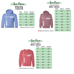 May include: Size chart for Gildan 18000 youth and adult-unisex hoodies and sweatshirts. The chart shows the chest and height measurements in inches for each size, from XS to 5XL.